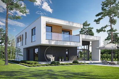 Proiect 72 — randare a casei: casă modernă cu etaj, 3 dormitoare, balcon și garaj dublu