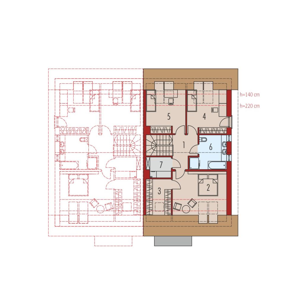 Proiect 73 — plan etaj: casă modernă cuplată cu etaj, 3 dormitoare și garaj
