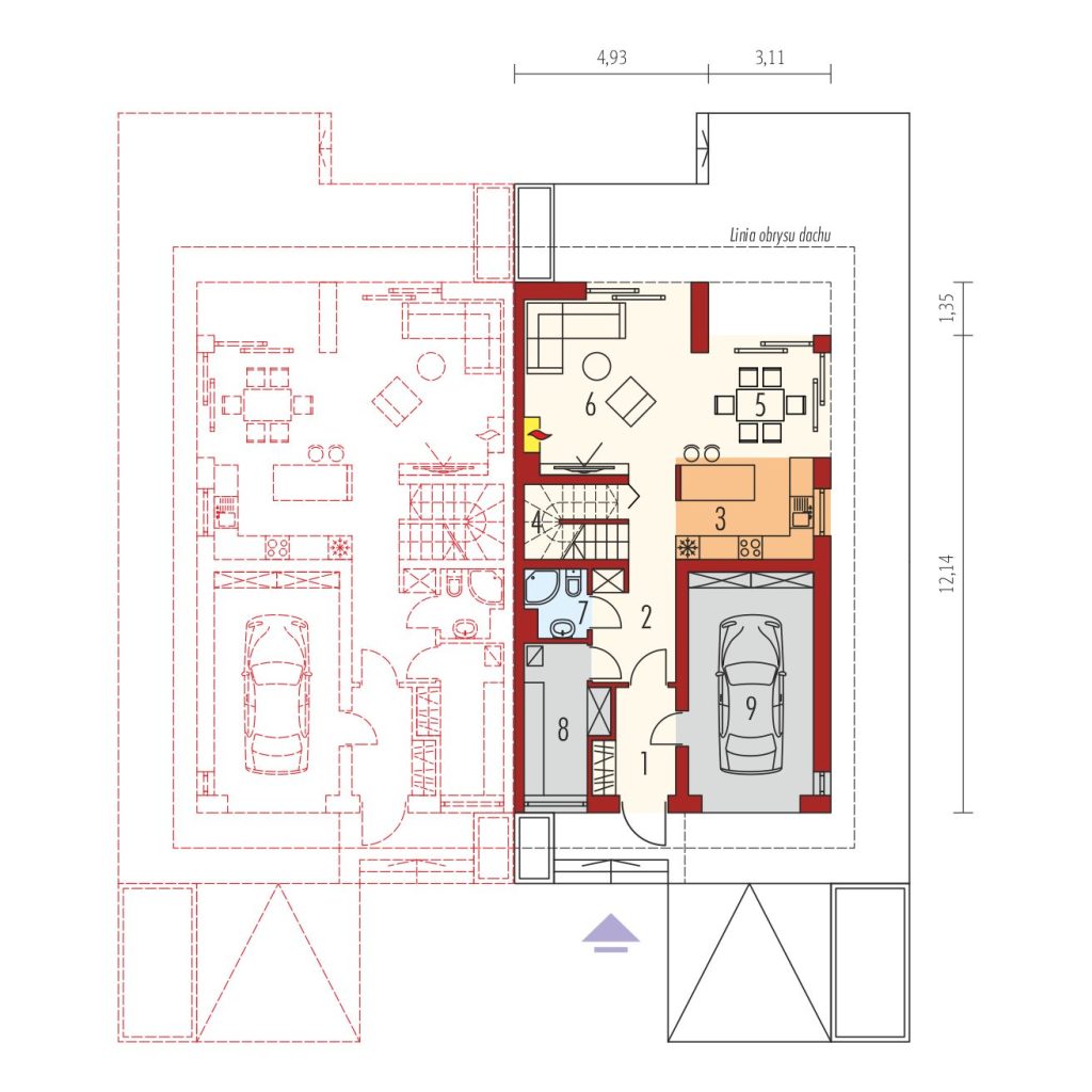 Proiect 73 — plan parter: casă modernă cuplată cu etaj, 3 dormitoare și garaj