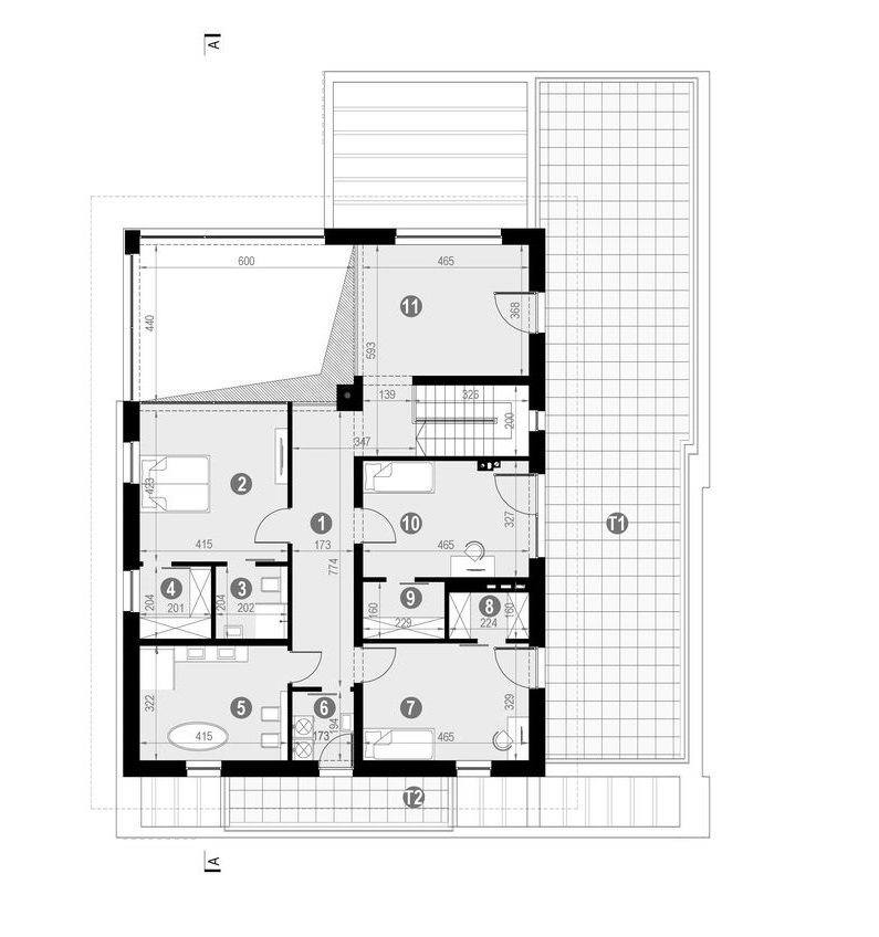 Proiect 74 — plan etaj: vilă modernă cu etaj, 4 dormitoare, piscină și garaj dublu