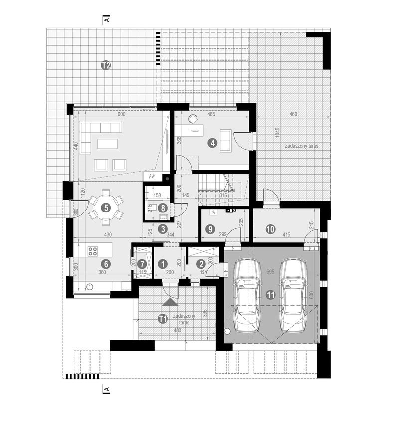 Proiect 74 — plan parter: vilă modernă cu etaj, 4 dormitoare, piscină și garaj dublu