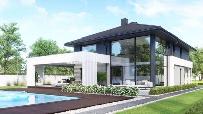 Proiect 74 — randare a casei: vilă modernă cu etaj, 4 dormitoare, piscină și garaj dublu