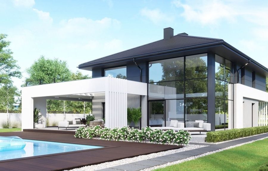 Proiect 74 — randare a casei: vilă modernă cu etaj, 4 dormitoare, piscină și garaj dublu
