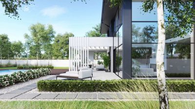 Proiect 74 — randare a casei: vilă modernă cu etaj, 4 dormitoare, piscină și garaj dublu