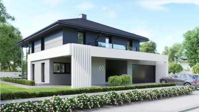 Proiect 74 — randare a casei: vilă modernă cu etaj, 4 dormitoare, piscină și garaj dublu