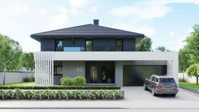 Proiect 74 — randare a casei: vilă modernă cu etaj, 4 dormitoare, piscină și garaj dublu