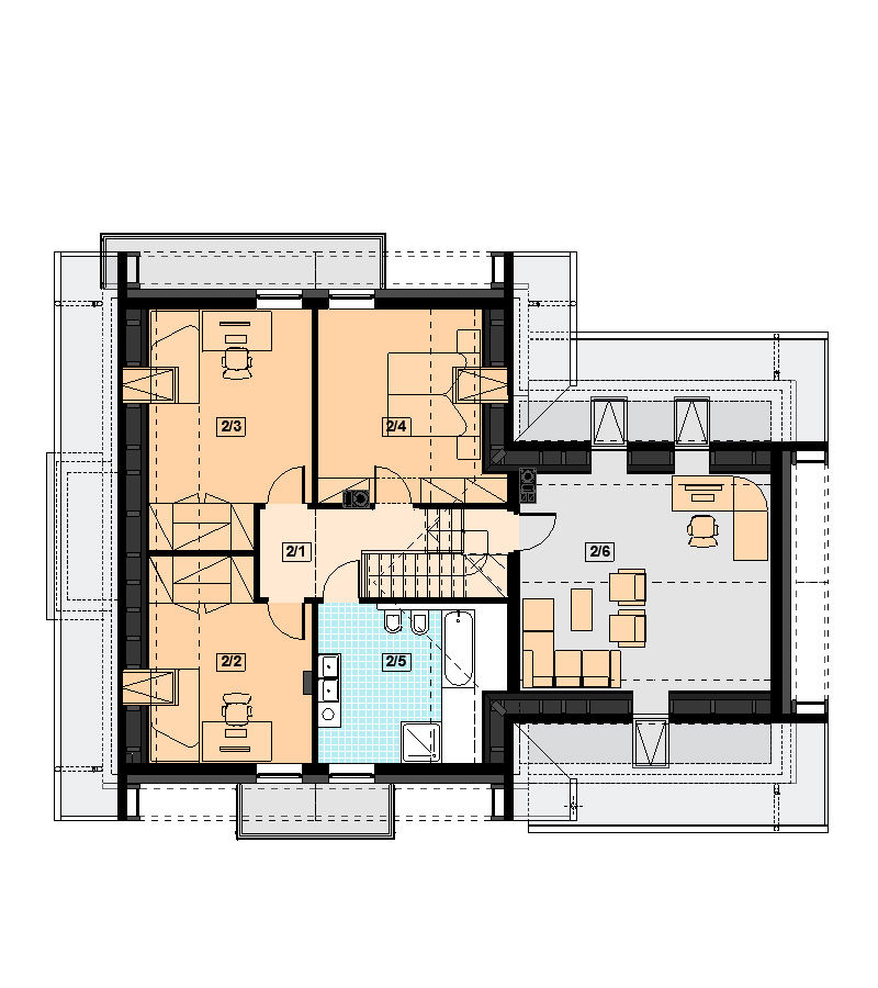 Proiect 75 — plan etaj: casă modernă cu etaj, 3 dormitoare, balcon și garaj dublu