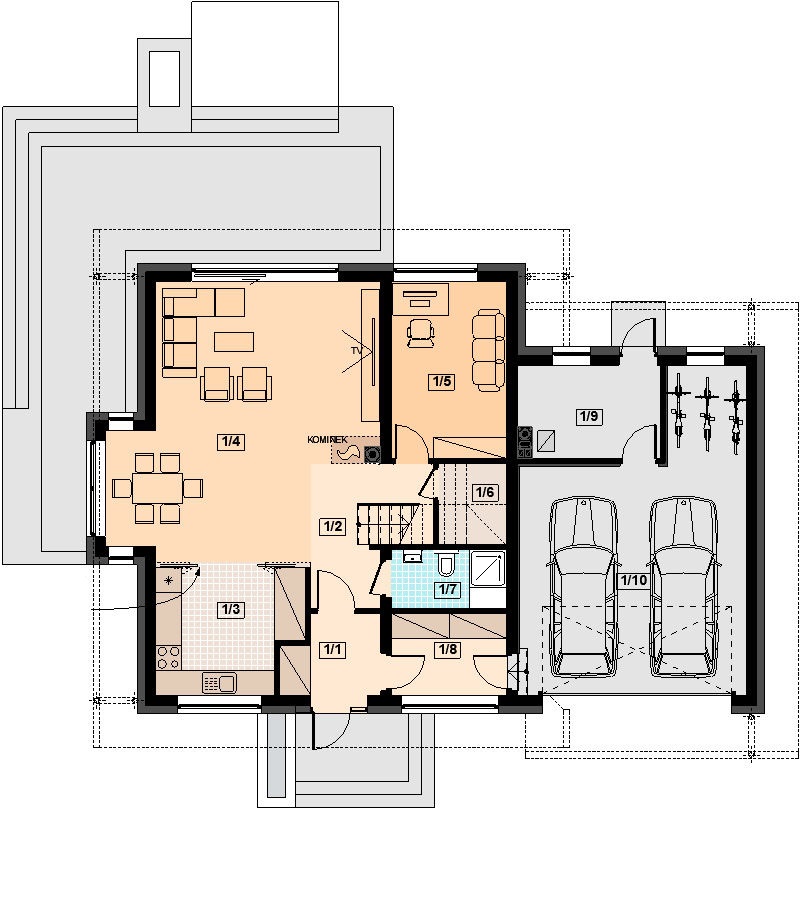 Proiect 75 — plan parter: casă modernă cu etaj, 3 dormitoare, balcon și garaj dublu