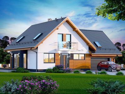 Proiect 75 — randare a casei: casă modernă cu etaj, 3 dormitoare, balcon și garaj dublu