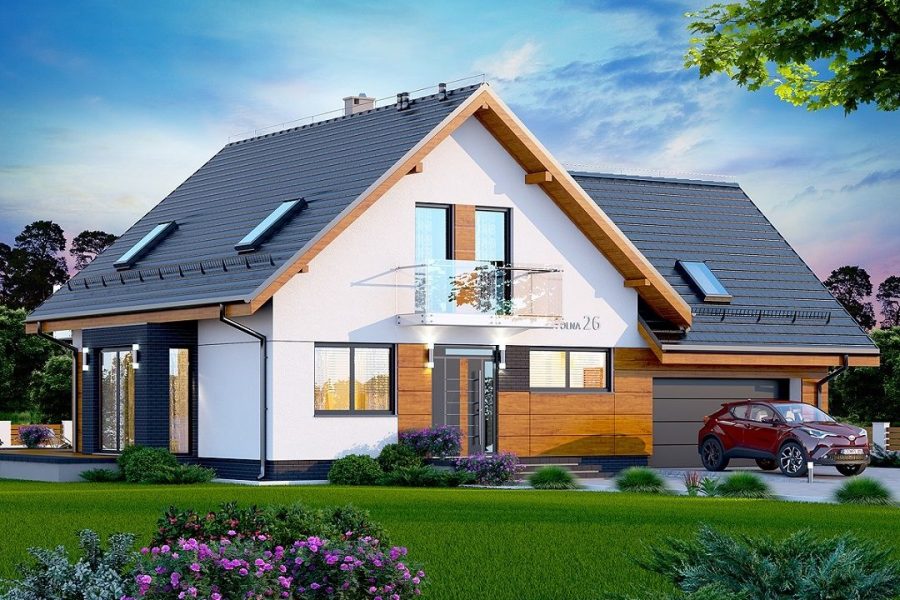 Proiect 75 — randare a casei: casă modernă cu etaj, 3 dormitoare, balcon și garaj dublu