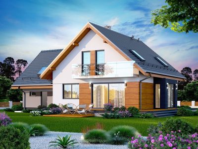 Proiect 75 — randare a casei: casă modernă cu etaj, 3 dormitoare, balcon și garaj dublu