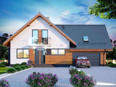 Proiect 75 — randare a casei: casă modernă cu etaj, 3 dormitoare, balcon și garaj dublu