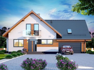 Proiect 75 — randare a casei: casă modernă cu etaj, 3 dormitoare, balcon și garaj dublu