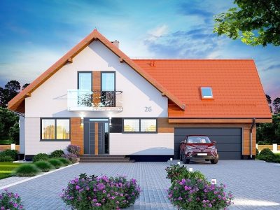 Proiect 75 — randare a casei: casă modernă cu etaj, 3 dormitoare, balcon și garaj dublu