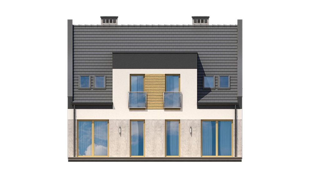 Proiect 76 — fațade: casă modernă cuplată cu etaj, 3 dormitoare și garaj