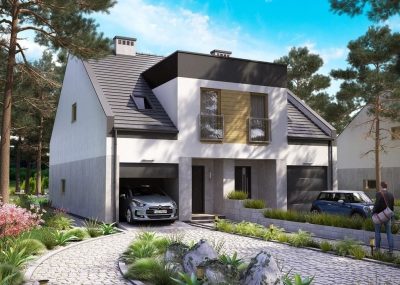 Proiect 76 — randare a casei: casă modernă cuplată cu etaj, 3 dormitoare și garaj