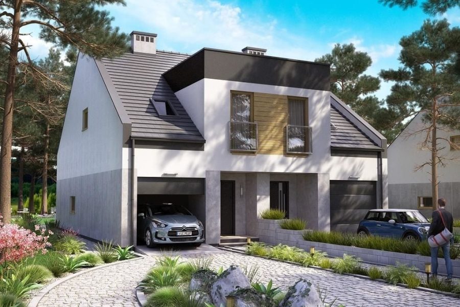 Proiect 76 — randare a casei: casă modernă cuplată cu etaj, 3 dormitoare și garaj