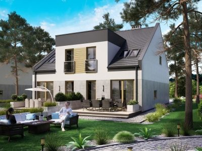 Proiect 76 — randare a casei: casă modernă cuplată cu etaj, 3 dormitoare și garaj