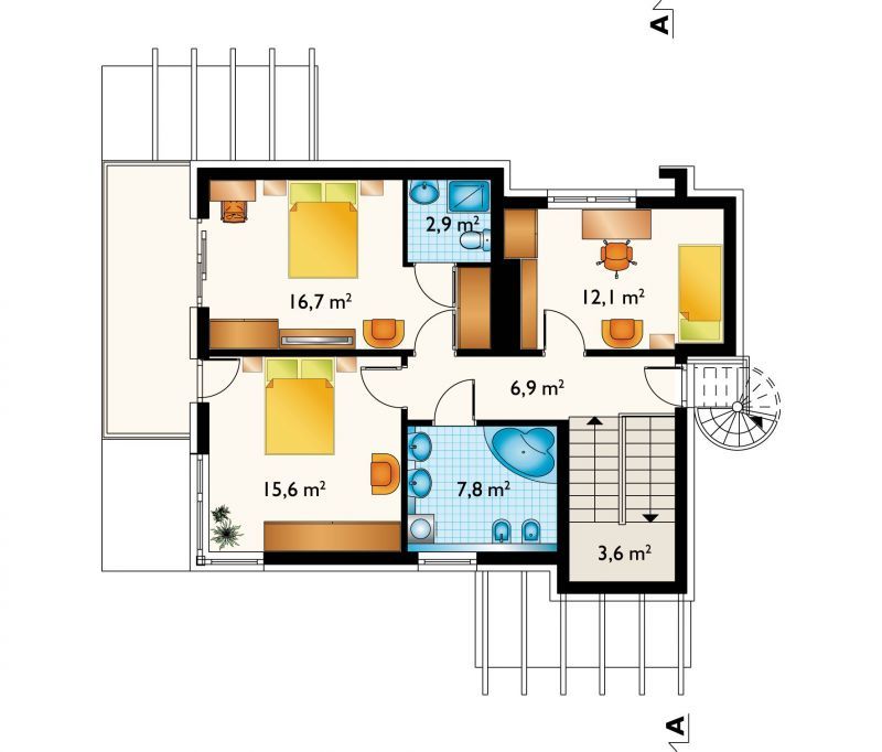 Proiect 77 — plan etaj: casă modernă cu etaj, 3 dormitoare, balcon și garaj dublu