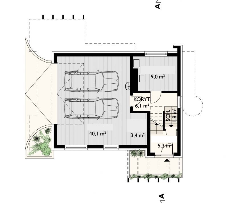Proiect 77 — plan parter: casă modernă cu etaj, 3 dormitoare, balcon și garaj dublu