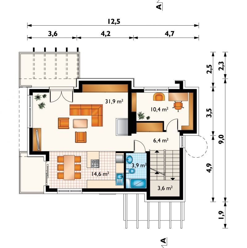 Proiect 77 — plan parter: casă modernă cu etaj, 3 dormitoare, balcon și garaj dublu