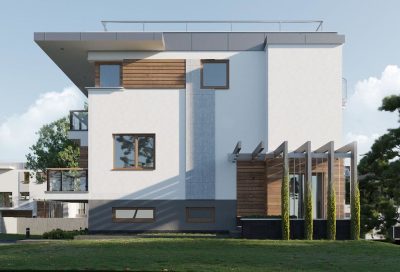 Proiect 77 — randare a casei: casă modernă cu etaj, 3 dormitoare, balcon și garaj dublu