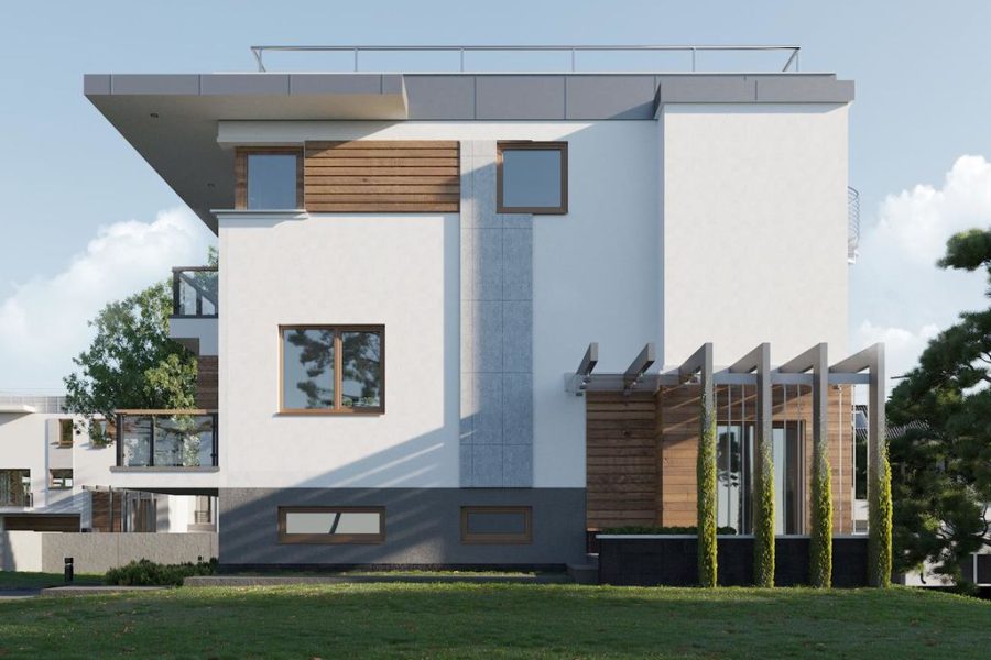 Proiect 77 — randare a casei: casă modernă cu etaj, 3 dormitoare, balcon și garaj dublu
