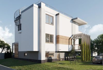 Proiect 77 — randare a casei: casă modernă cu etaj, 3 dormitoare, balcon și garaj dublu