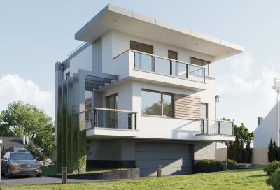 Proiect 77 — randare a casei: casă modernă cu etaj, 3 dormitoare, balcon și garaj dublu
