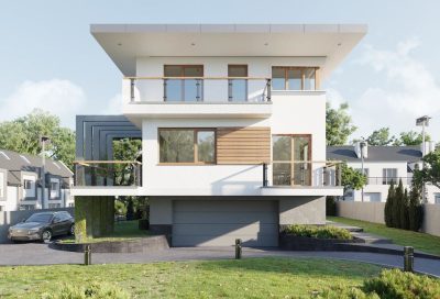 Proiect 77 — randare a casei: casă modernă cu etaj, 3 dormitoare, balcon și garaj dublu