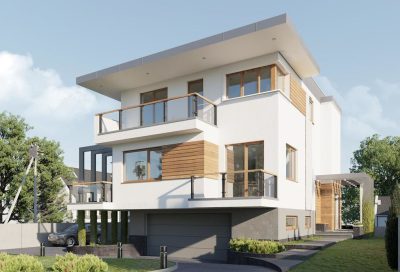 Proiect 77 — randare a casei: casă modernă cu etaj, 3 dormitoare, balcon și garaj dublu