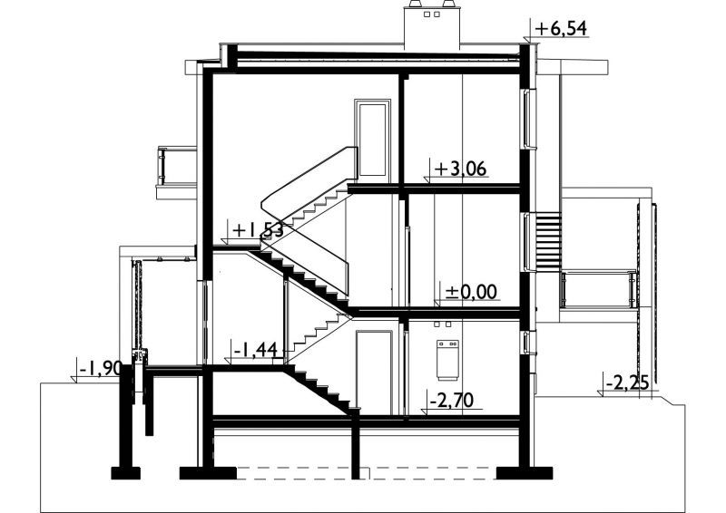 Proiect 77 — secțiune: casă modernă cu etaj, 3 dormitoare, balcon și garaj dublu