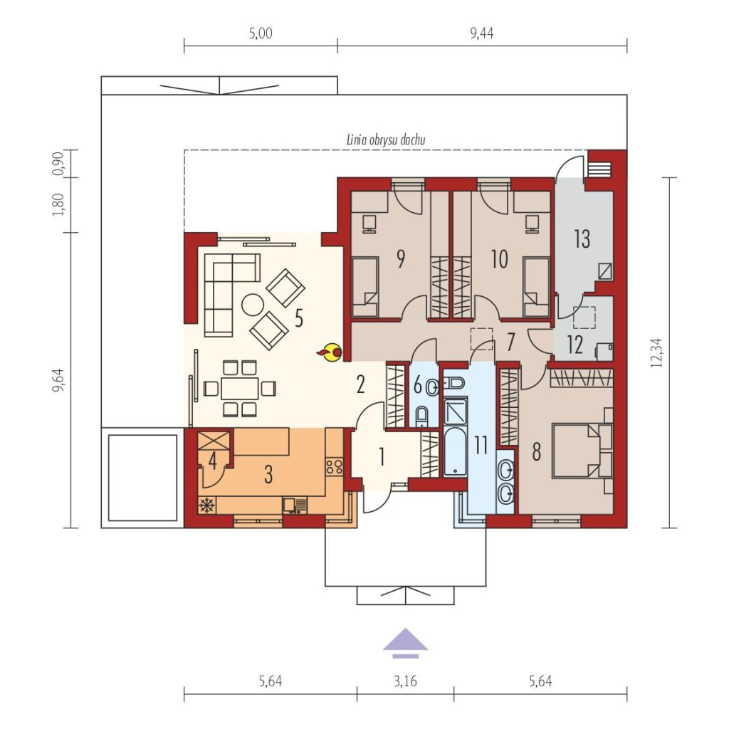 Proiect 78 — plan parter: bungalow modern parter cu 3 dormitoare și piscină