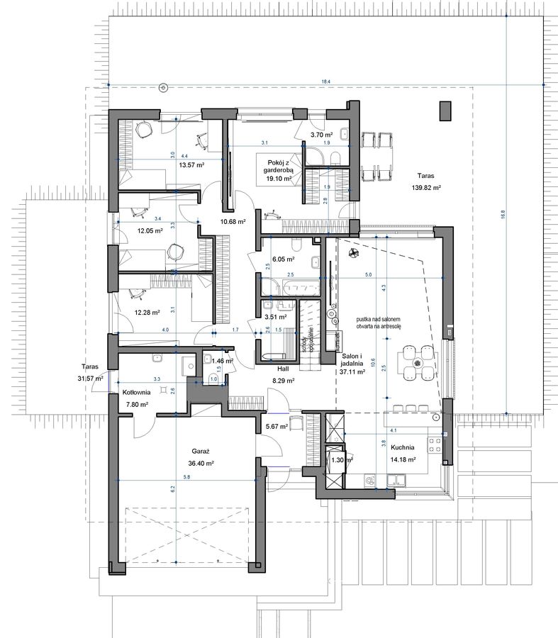 Proiect 79 — plan parter: bungalow modern parter cu 3 dormitoare, garaj dublu și terasă