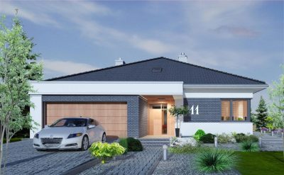 Proiect 79 — randare a casei: bungalow modern parter cu 3 dormitoare, garaj dublu și terasă