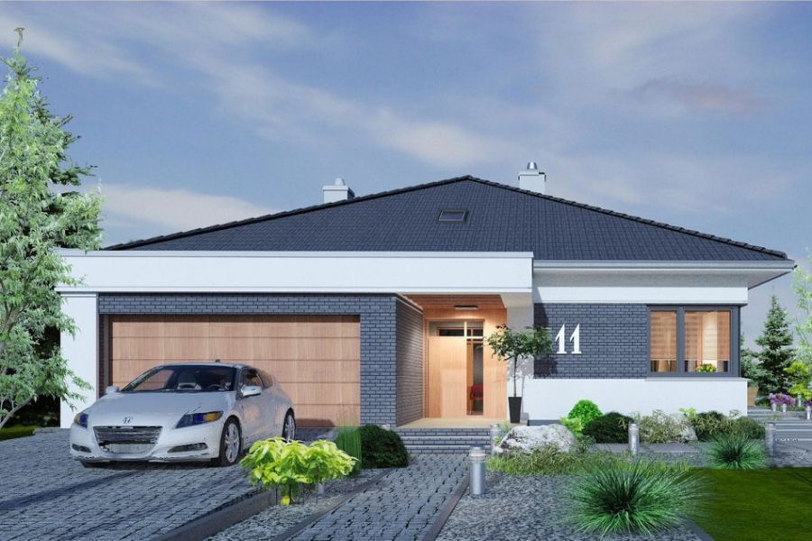 Proiect 79 — randare a casei: bungalow modern parter cu 3 dormitoare, garaj dublu și terasă