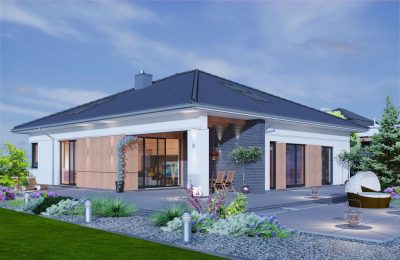 Proiect 79 — randare a casei: bungalow modern parter cu 3 dormitoare, garaj dublu și terasă
