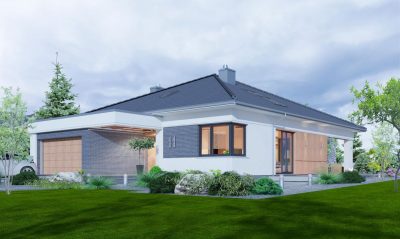 Proiect 79 — randare a casei: bungalow modern parter cu 3 dormitoare, garaj dublu și terasă