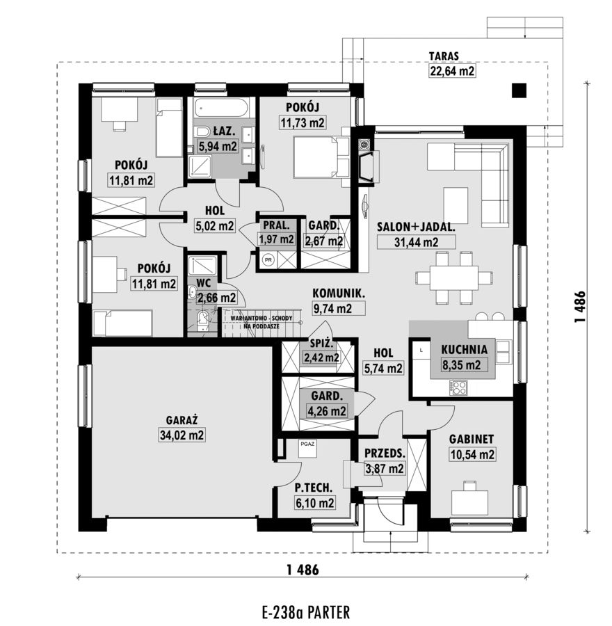 Proiect 80 — plan parter: bungalow parter cu 3 dormitoare, garaj și terasă acoperită