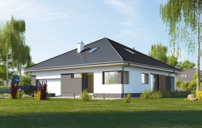 Proiect 80 — randare a casei: bungalow parter cu 3 dormitoare, garaj și terasă acoperită