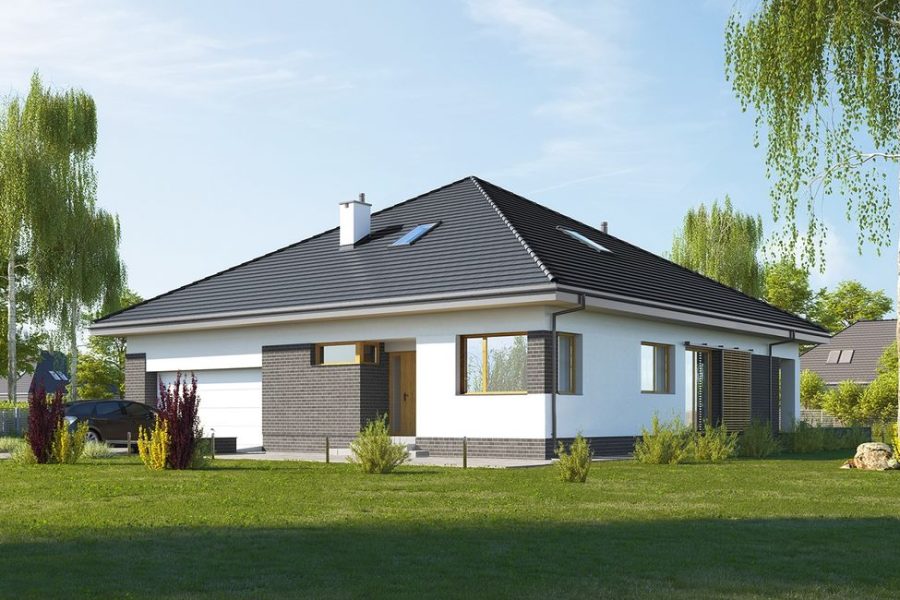 Proiect 80 — randare a casei: bungalow parter cu 3 dormitoare, garaj și terasă acoperită