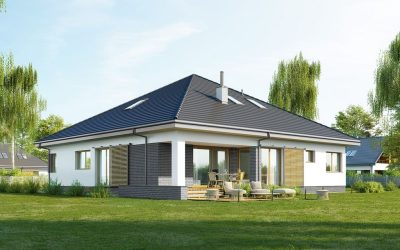 Proiect 80 — randare a casei: bungalow parter cu 3 dormitoare, garaj și terasă acoperită