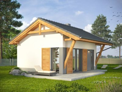 Proiect 81 — randare a casei: cabană modernă parter cu 1 dormitor și terasă