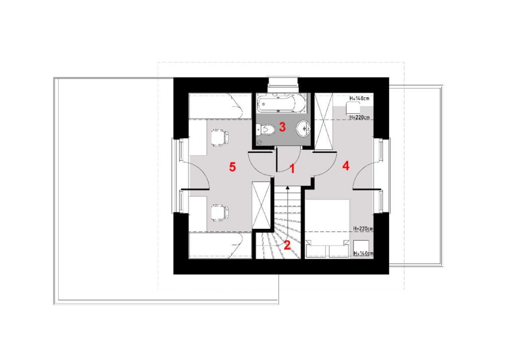 Proiect 82 — plan etaj: casă clasică cu etaj, 3 dormitoare și carport