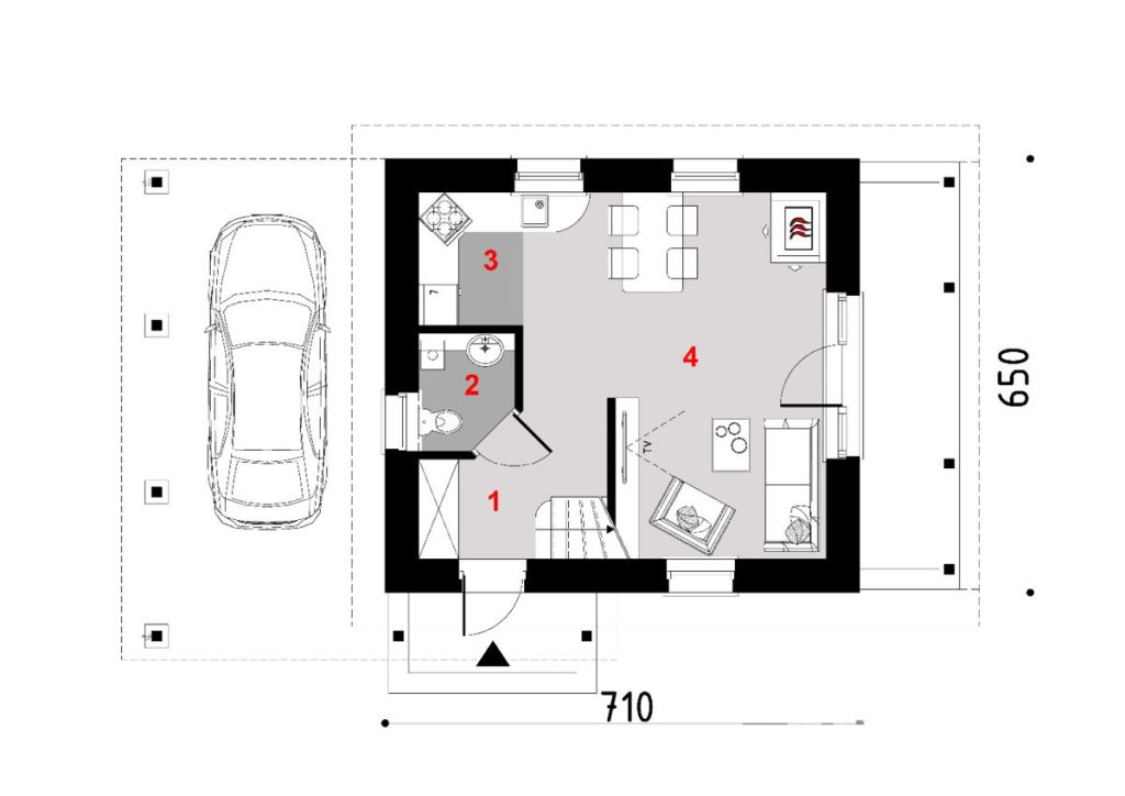 Proiect 82 — plan parter: casă clasică cu etaj, 3 dormitoare și carport