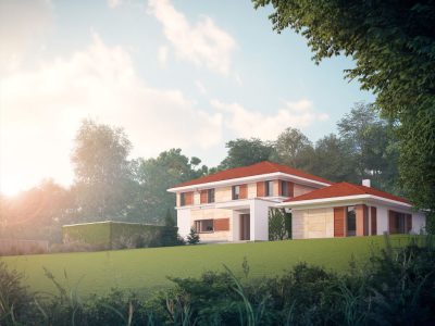 Proiect 83 — randare a casei: casă clasică cu etaj, 3 dormitoare, terasă și garaj