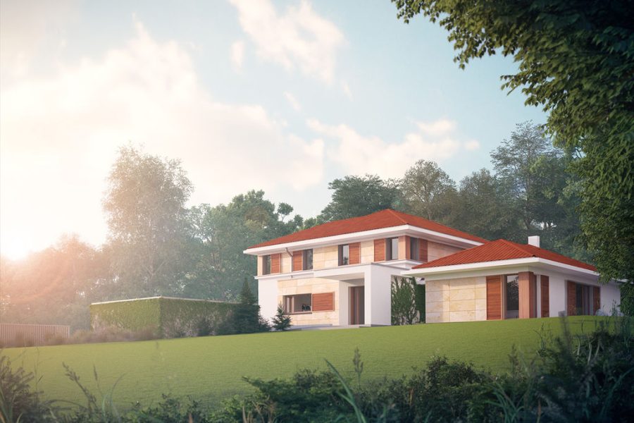 Proiect 83 — randare a casei: casă clasică cu etaj, 3 dormitoare, terasă și garaj