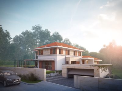 Proiect 83 — randare a casei: casă clasică cu etaj, 3 dormitoare, terasă și garaj