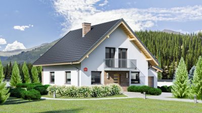 Proiect 84 — randare a casei: casă clasică cu etaj, 4 dormitoare și balcon