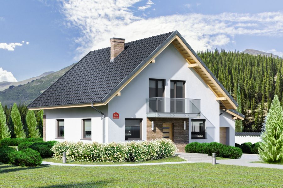 Proiect 84 — randare a casei: casă clasică cu etaj, 4 dormitoare și balcon